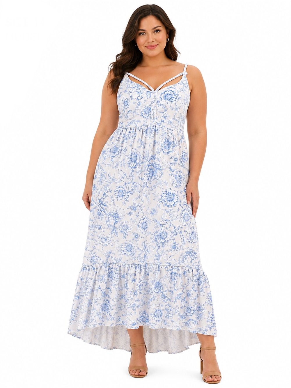 Derek Heart Plus Size Blue and White Floral High-Low Maxi Dress 3x